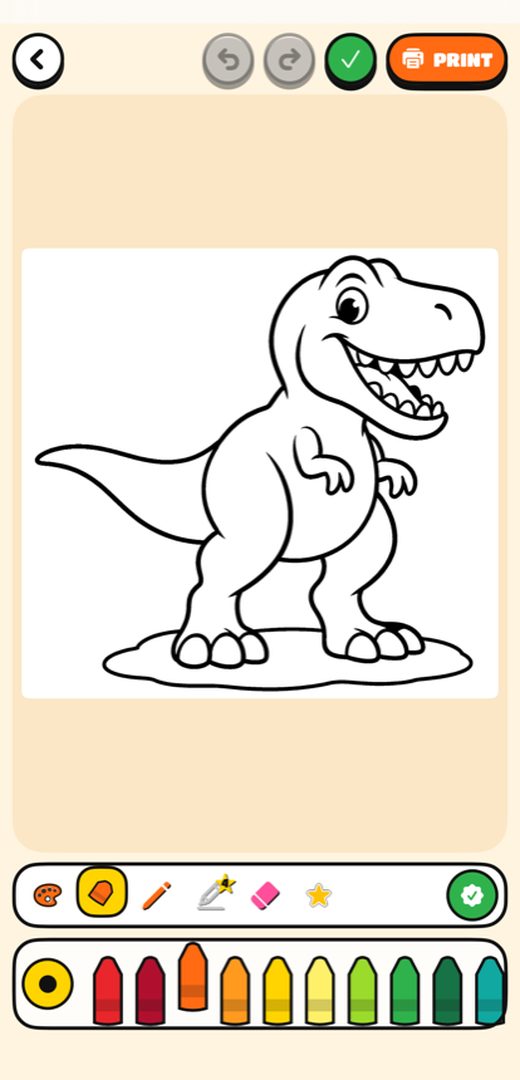 The coloring screen with a T. rex page and a row of crayons